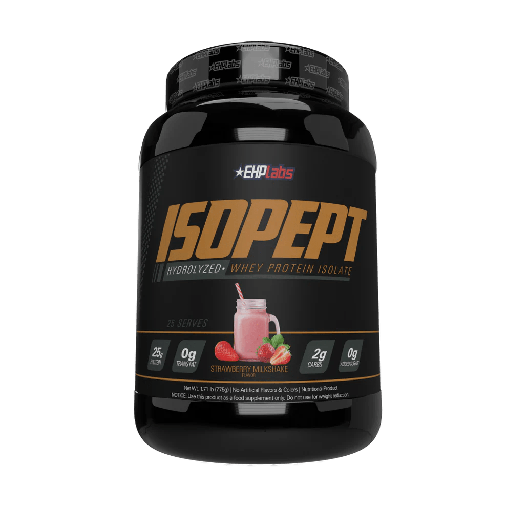 EHP Labs IsoPept hydrolysed whey protein isolate tub, strawberry milkshake flavour, 875g